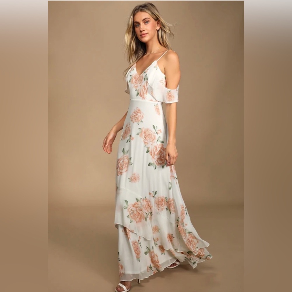Lulus Floral Take You There‎ Maxi Dress White Pink S wedding summer resort boho